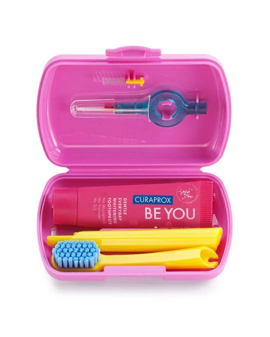 Curaprox Travel Set Utazó szett PINK (fogkefe, mini fogkrém, fogköztisztító kefe)