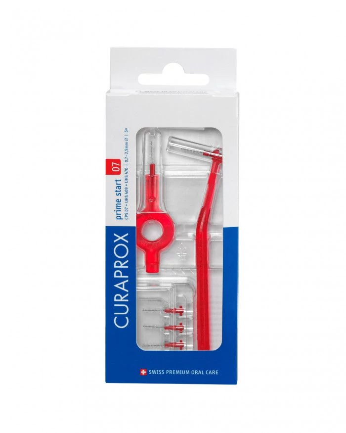 Curaprox CPS 07 prime Start fogköztisztító kefe, piros (5 db CPS 07 + UHS 409 + UHS 470 nyél)