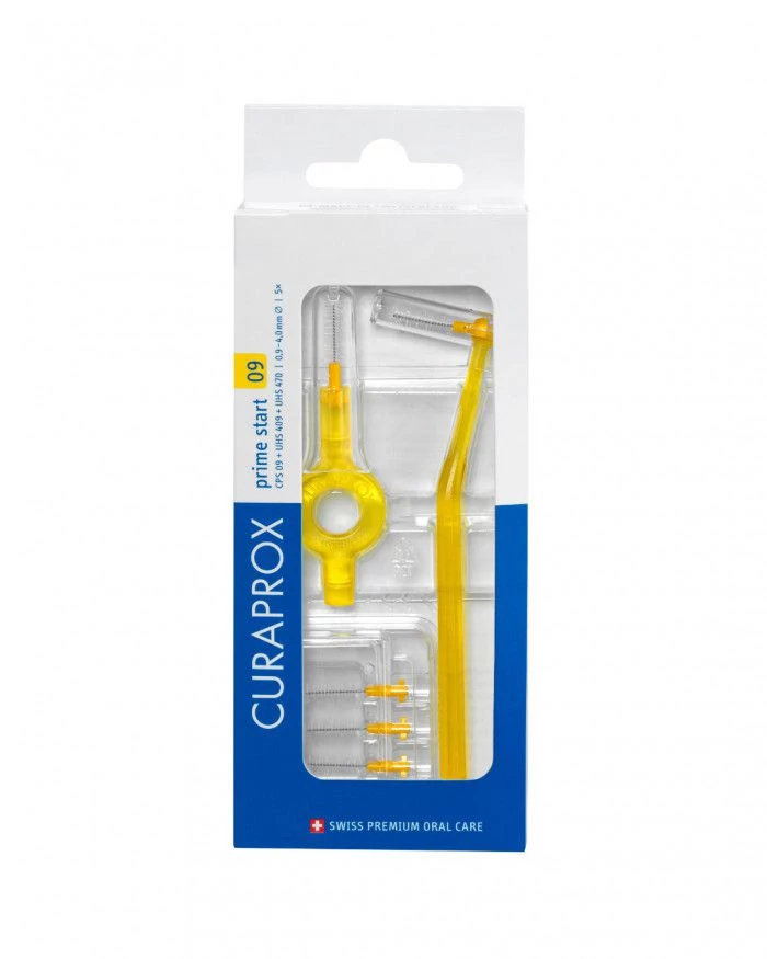Curaprox CPS 09 prime Start fogköztisztító kefe, sárga (5 db CPS 09 + UHS 409 + UHS 470 nyél)